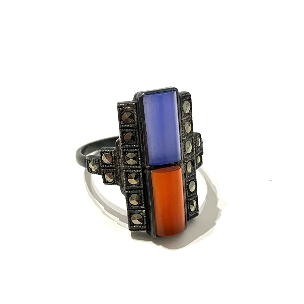 Vintage Sterling Marcasite Coloured Glass Ring